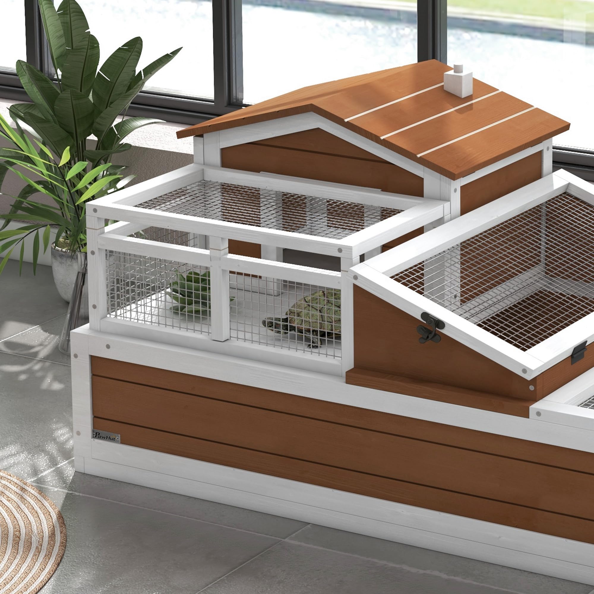 PawHut 3- Room Tortoise House Habitat with Balcony & 2 Stories, Indoor/Outdoor Wooden Tortoise Enclosure with Ladder, Tray, Openable Roof, Large Reptile Cage, 44" x 25. 5" x 23", Coffee