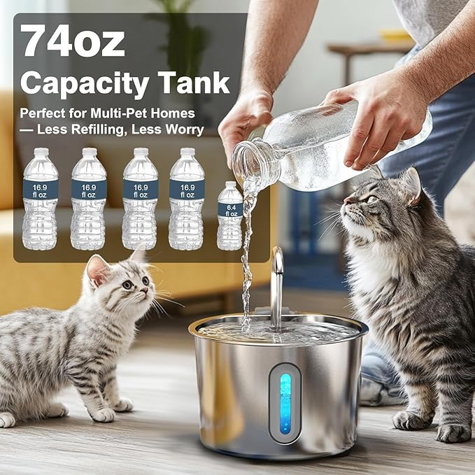 HAJXM Cat Water Fountain, 74oz/2.2L Cat Fountain for Drinking - Pet Water Fountain Stainless Steel for Cats Inside - Quiet Water Bowl Dispenser - Kitty Drinking Fountains - 8 Filters + 8 Sponges