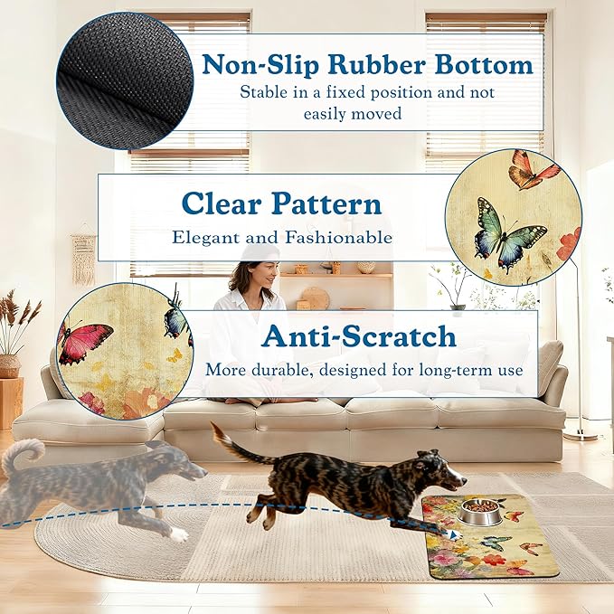 Vintage Butterfly Floral Pet Food Mat for Cats and Dogs–Absorbent Quick Dry Feeding Placemat, Non Slip Rubber Base, Waterproof Bowl Mat for Indoor Use, Pet Supplies 12"x20"
