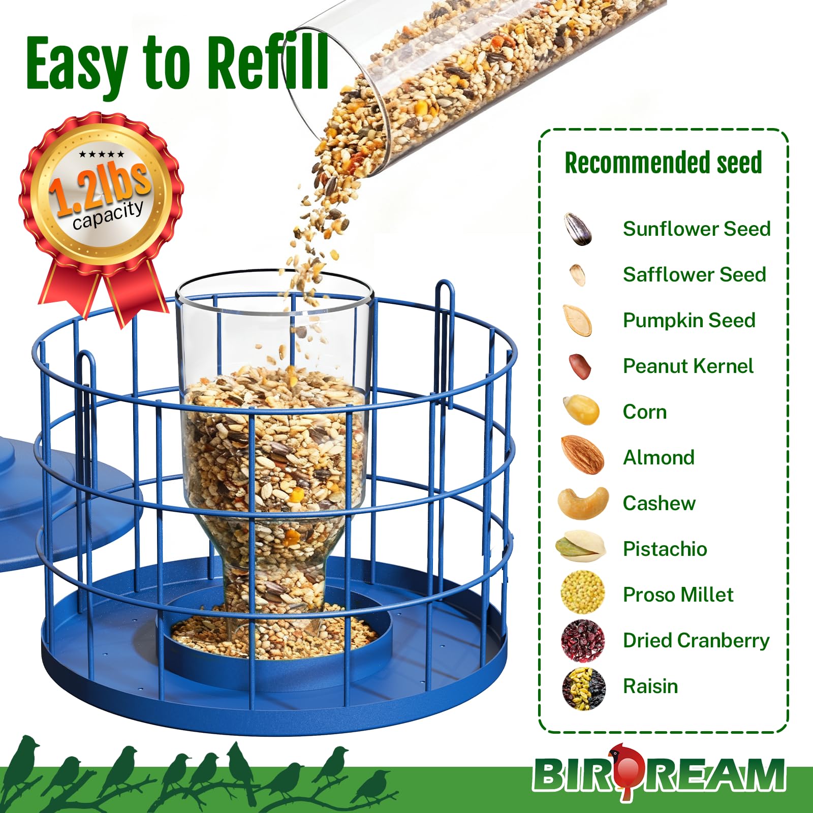 Birdream Squirrel Proof Bird Feeder, Metal Cage Bird Feeder for Outdoors Hanging, Starling Resistant Design for Small Birds, Weatherproof with Drain Holes, Easy to Refill, Blue