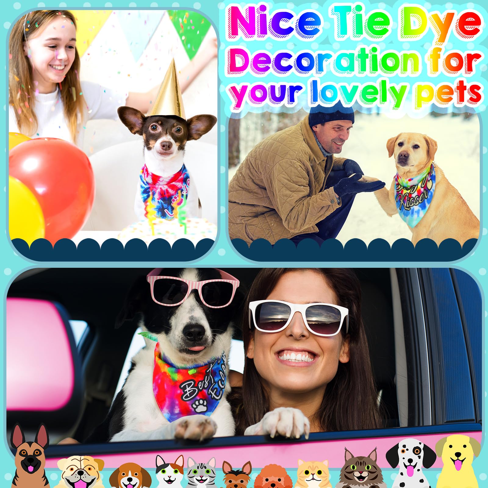 Huhumy 50 Pcs Tie Dye Dog Bandanas Bulk Pet Bibs Colorful Triangle Scarf Tie Dye with Sayings Pet Bandanas for Medium Large Dogs Spring Summer Birthday Costume Decor