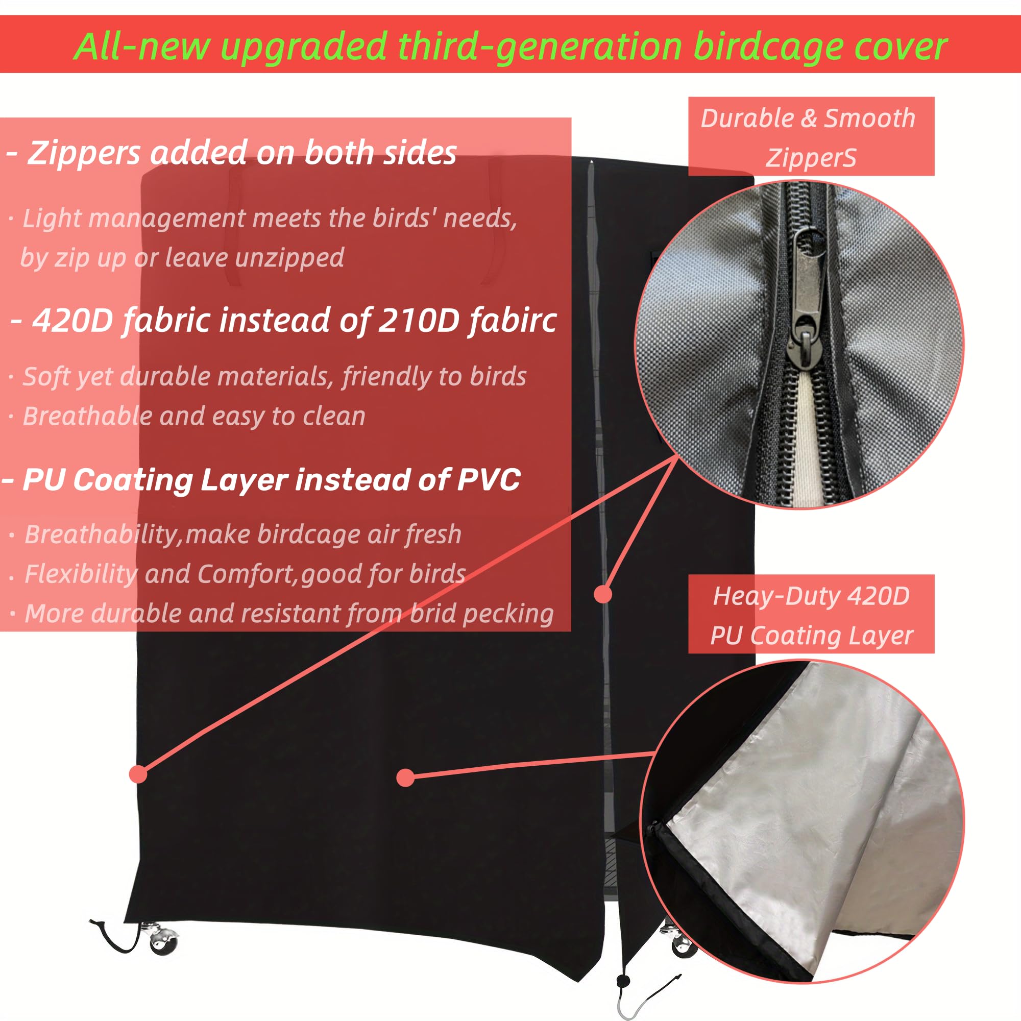 Bird Cage Cover Good Night for Medium Cage with Zipper, Bird Universal Pet Cover Good Night for Cats, Mink, Totoro, Parakeet, Parrot and Small Animals, Medium (20" L x 15" W x 39" H)