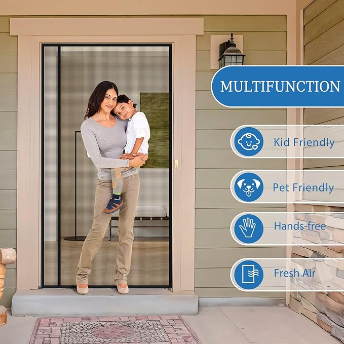 Magnetic Screen Door Mesh Left Right Side Opening Upgraded PET Material Mesh Stronger Than Fiberglass and Polyester,Keep Bugs Out,Pet & Kid Friendly Fit Door Size 74"X80",Screen Size 76''X82''