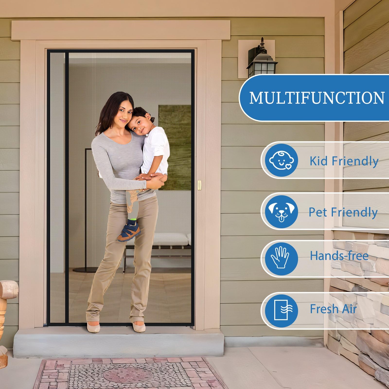 Magnetic Screen Door Mesh Left Right Side Opening Upgraded PET Material Mesh Stronger Than Fiberglass and Polyester,Keep Bugs Out,Pet & Kid Friendly Fit Door Size 74"X80",Screen Size 76''X82''