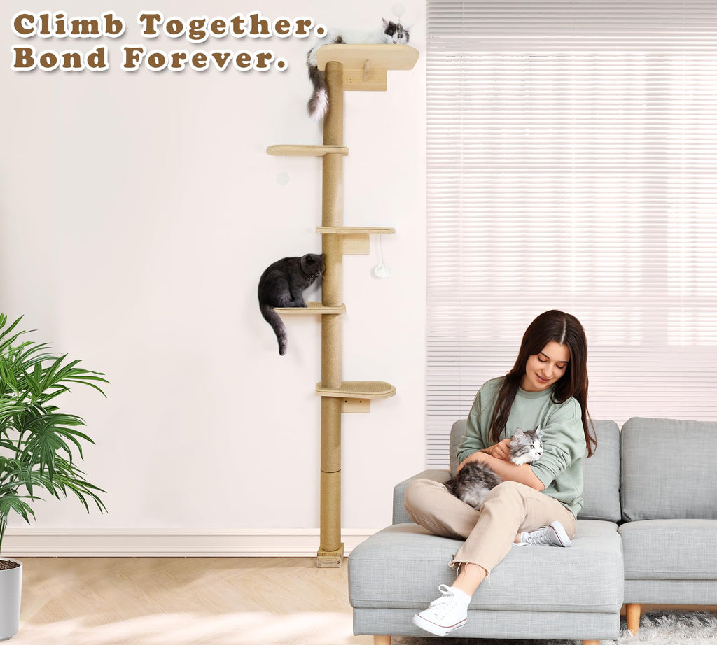 Wild Simulation Cat Tree for Kittens, 5-Level Floor to Ceiling Cat Wall Shelves with Sisal Mat Platforms, Rotating Wall-Mounted Climbing Tower for Scratch, Lookout & Perch