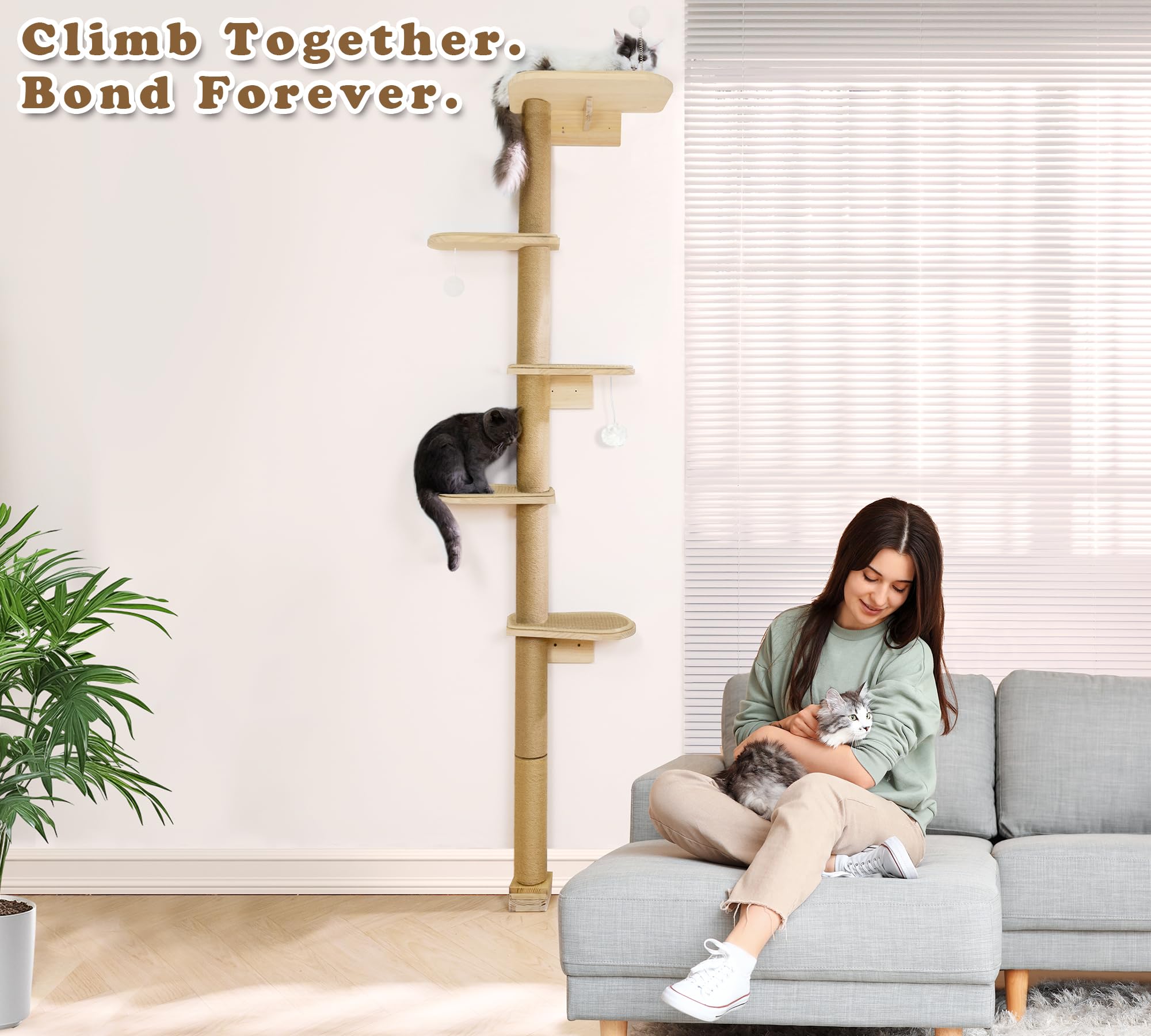 Wild Simulation Cat Tree for Kittens, 5-Level Floor to Ceiling Cat Wall Shelves with Sisal Mat Platforms, Rotating Wall-Mounted Climbing Tower for Scratch, Lookout & Perch