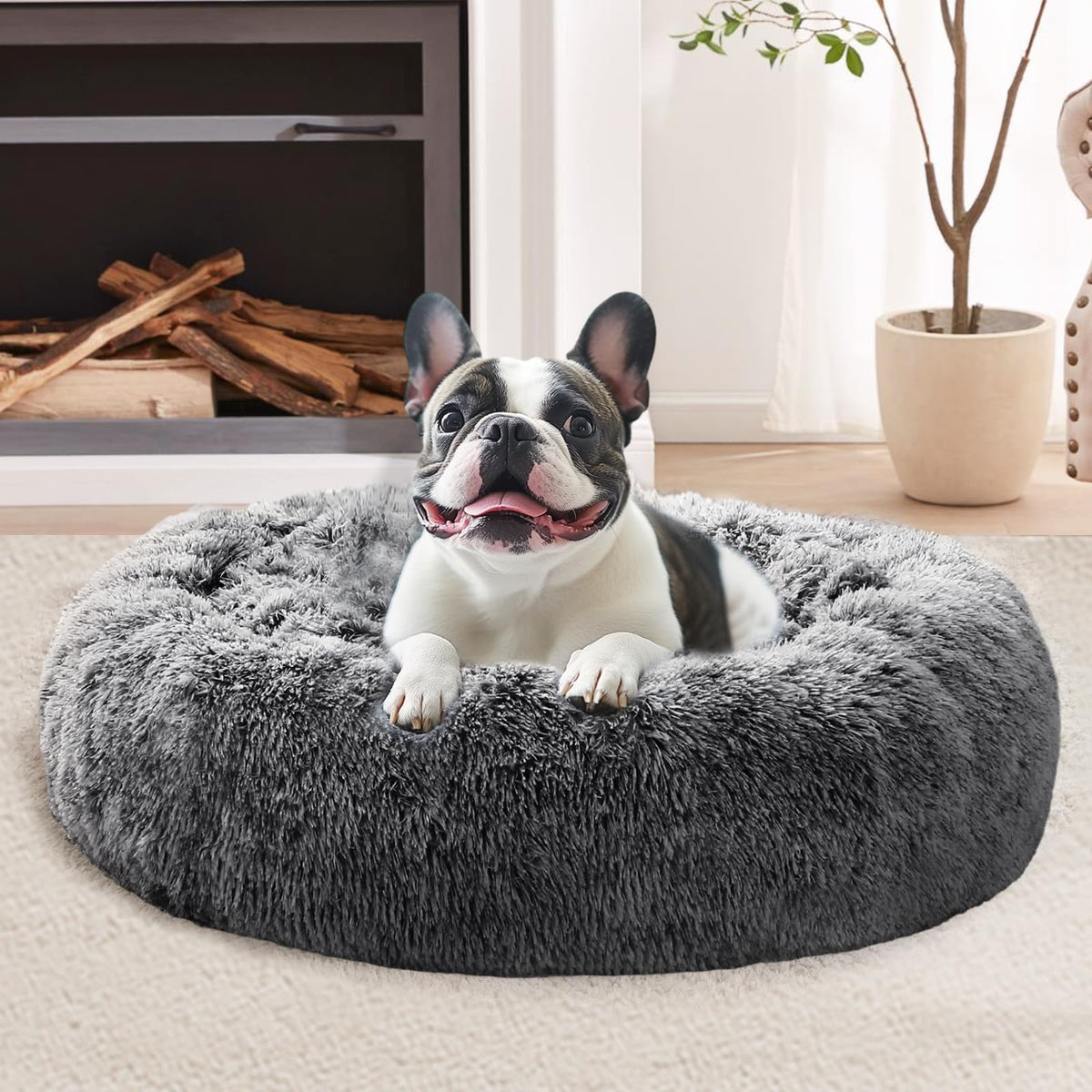 JOLLYVOGUE Calming Dog Bed for Small Dogs - 23 inches Donut Washable Small Dog Bed for Kittens & Puppies, Anti-Slip Round Fluffy Plush Faux Fur Cat Beds (Fits up to 25 lbs Pets, Purple)