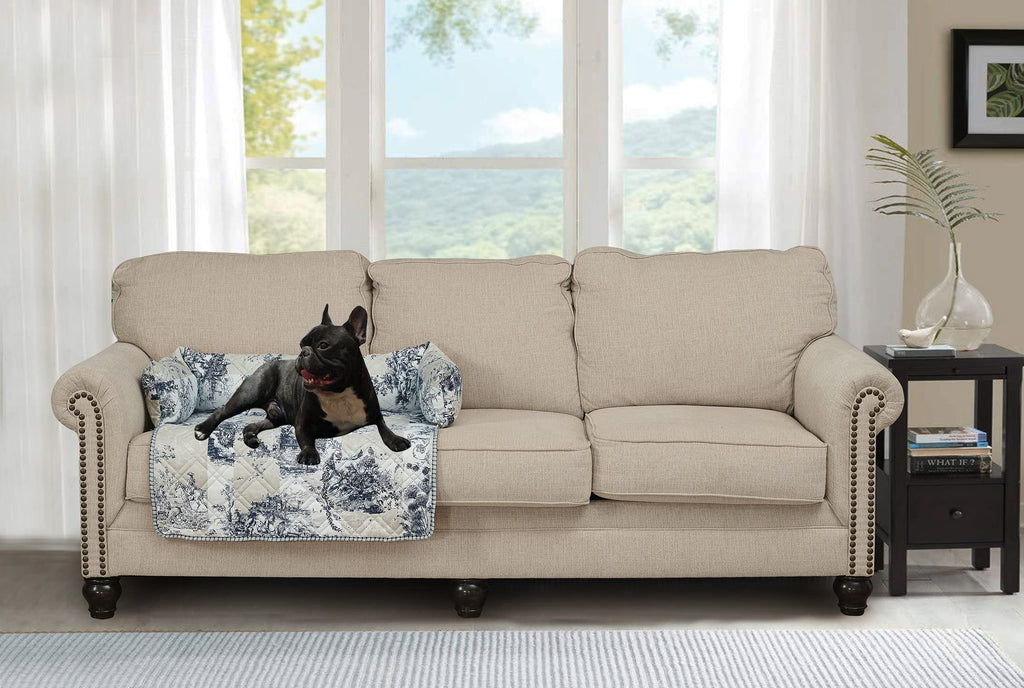 Brilliant Sunshine Quilted Calming Dog Bed Mat, Removable Washable Cover, Cushion Protector and Couch Covers for Dogs, Pets, Cats, Medium, Blue Beige Toile