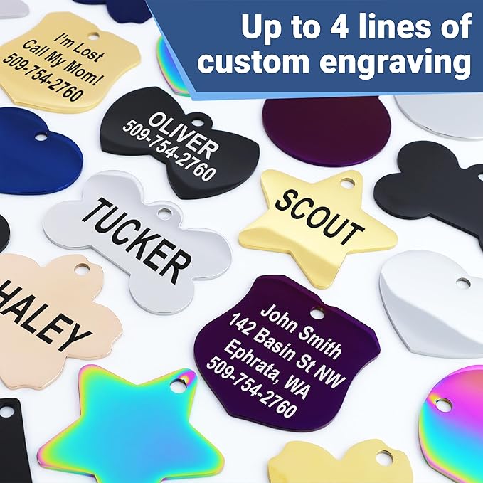 GoTags Stainless Steel Pet ID Tags, Personalized Dog Tags and Cat Tags, up to 8 Lines of Custom Text, Engraved on Both Sides, in Bone, Round, Heart, Bow Tie and More