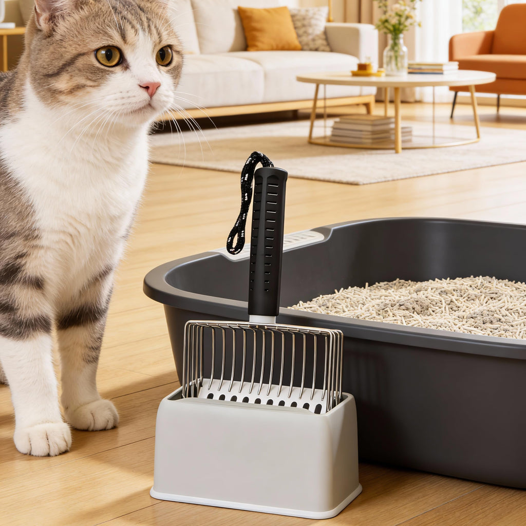[2026 Version] 304 Stainless Steel Cat Litter Scooper with Holder, Efficient Metal Cat Litter Scoop，Heavy Cat pooper scooper, Kitty Litter Box Scooper-Perfect Cat Scooper for Litter Box Cleaning