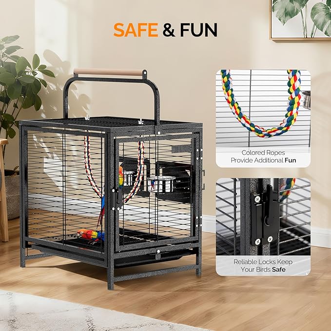 VINGLI Small Bird Cage, 19 inch Travel Carrier Bird Cage with Handle, Wrought Iron Parakeet Cage with Wooden Perch for Parrot Lovebirds Finches Small/Medium Birds (Hammertone Black)