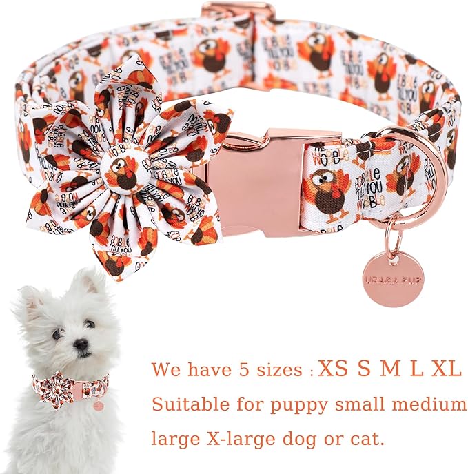 Thanksgiving Dog Collar with Flower, Turkey Cotton Flower Collar for Puppy Girl Dog or Cat, Autumn Flower Collar with Durable Metal Buckle, Thanksgiving Pet Collar, L, Neck 16-24in