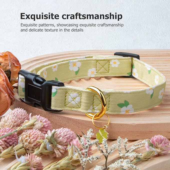 Cotton Handmade Dog Collar Cute and Distinctive Patterns Green Flower with Pendant for Girl Boy Dogs Collars M