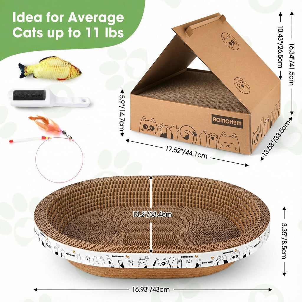 All-in-One Cardboard Cat Scratchers for Indoor Cats, Oval Cat Scratch Box & Lounger Beds Kitten Loves, Durable Cat Scratching Pads + Bonus Toys Couch Cat Scratch Protector