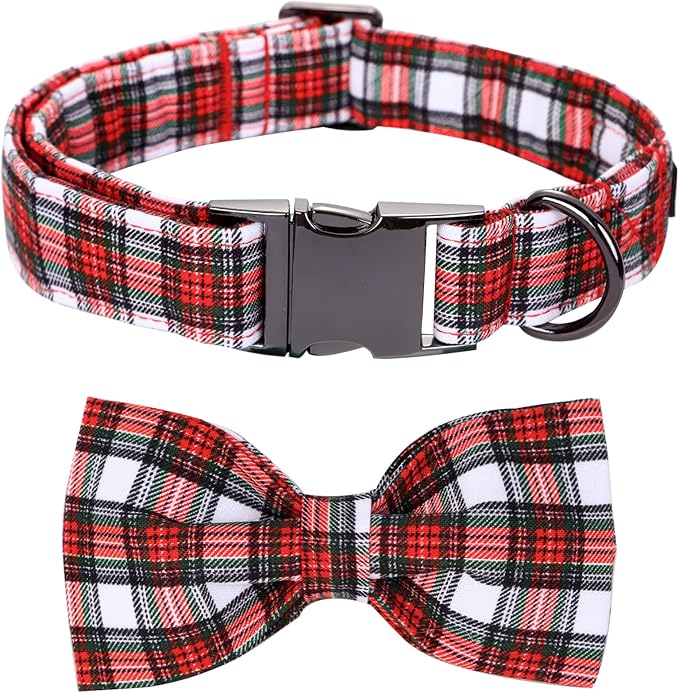 Bobo Rainbow Christmas Dog Collar, Red Plaid Cotton Collars with Bow Adjustable Pet Collar Premium Metal Buckle, Christmas Puppy Necklace for Large Girl and Boy Dogs