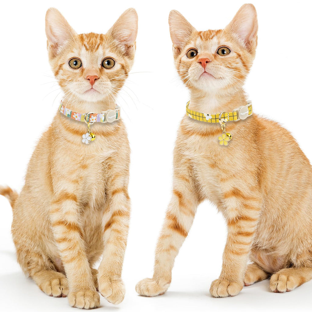 Faygarsle 2 Pack Striped Plaid Floral Pattern Cat Collars Breakaway Safety Collar with Bell Spring Summer Design for Girl Cats,Yellow Multicolor
