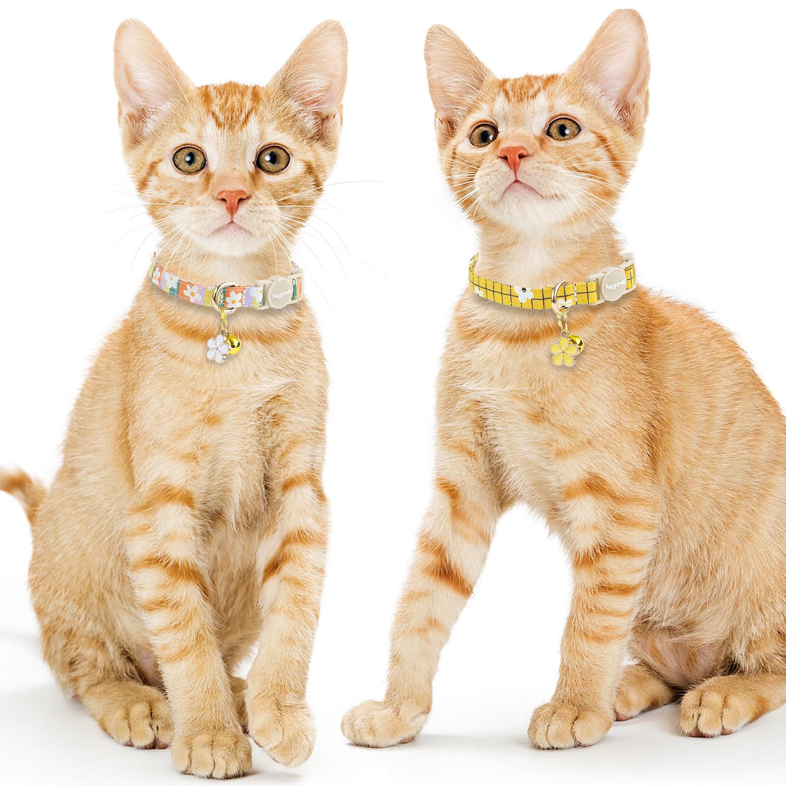 Faygarsle 2 Pack Striped Plaid Floral Pattern Cat Collars Breakaway Safety Collar with Bell Spring Summer Design for Girl Cats,Yellow Multicolor