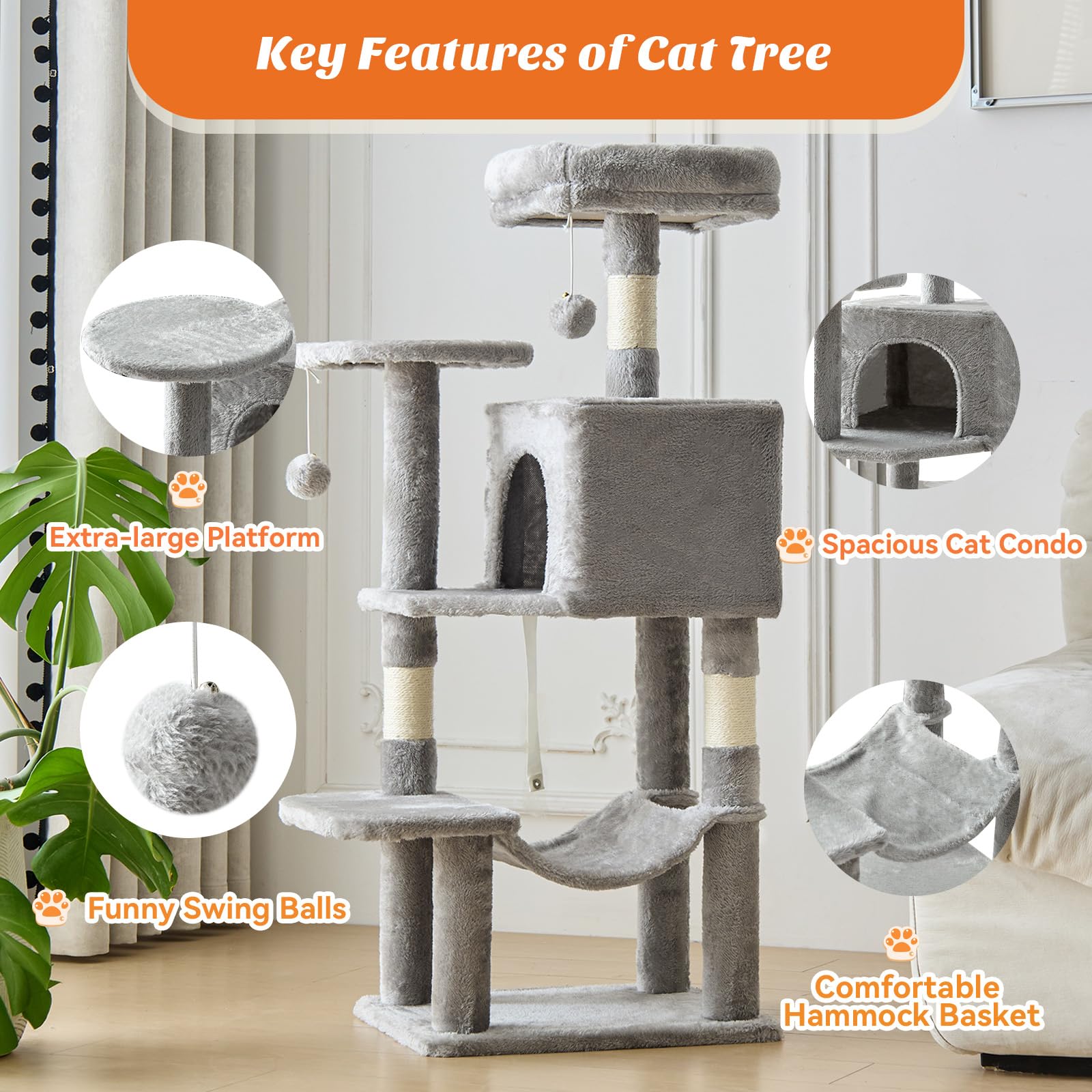 DUMOS 44 Inch Cat Tree Tower with Natural Sisal Scratching Posts