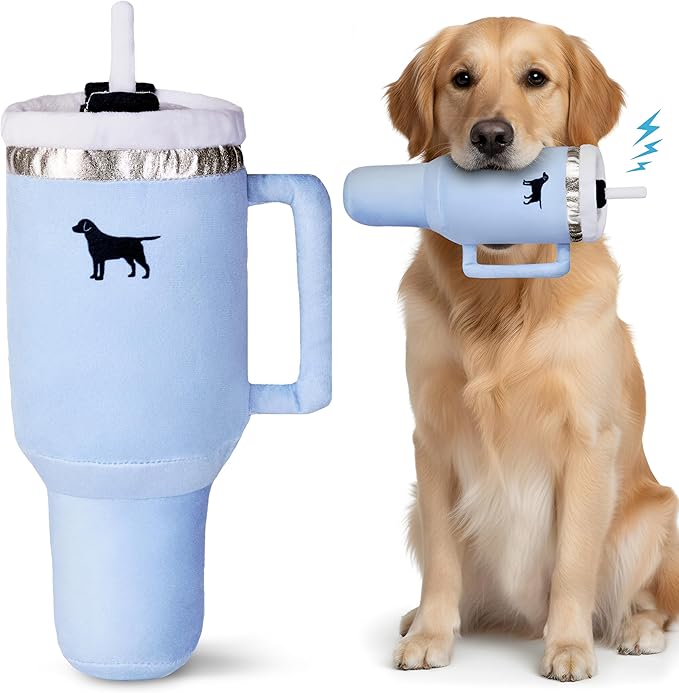 PUPROAR Pup Cup Tumbler Dog Toy, Cute Girl Dog Toys and Birthday Gift, Squeaky & Plush Puppy Present (Chambray Blue)