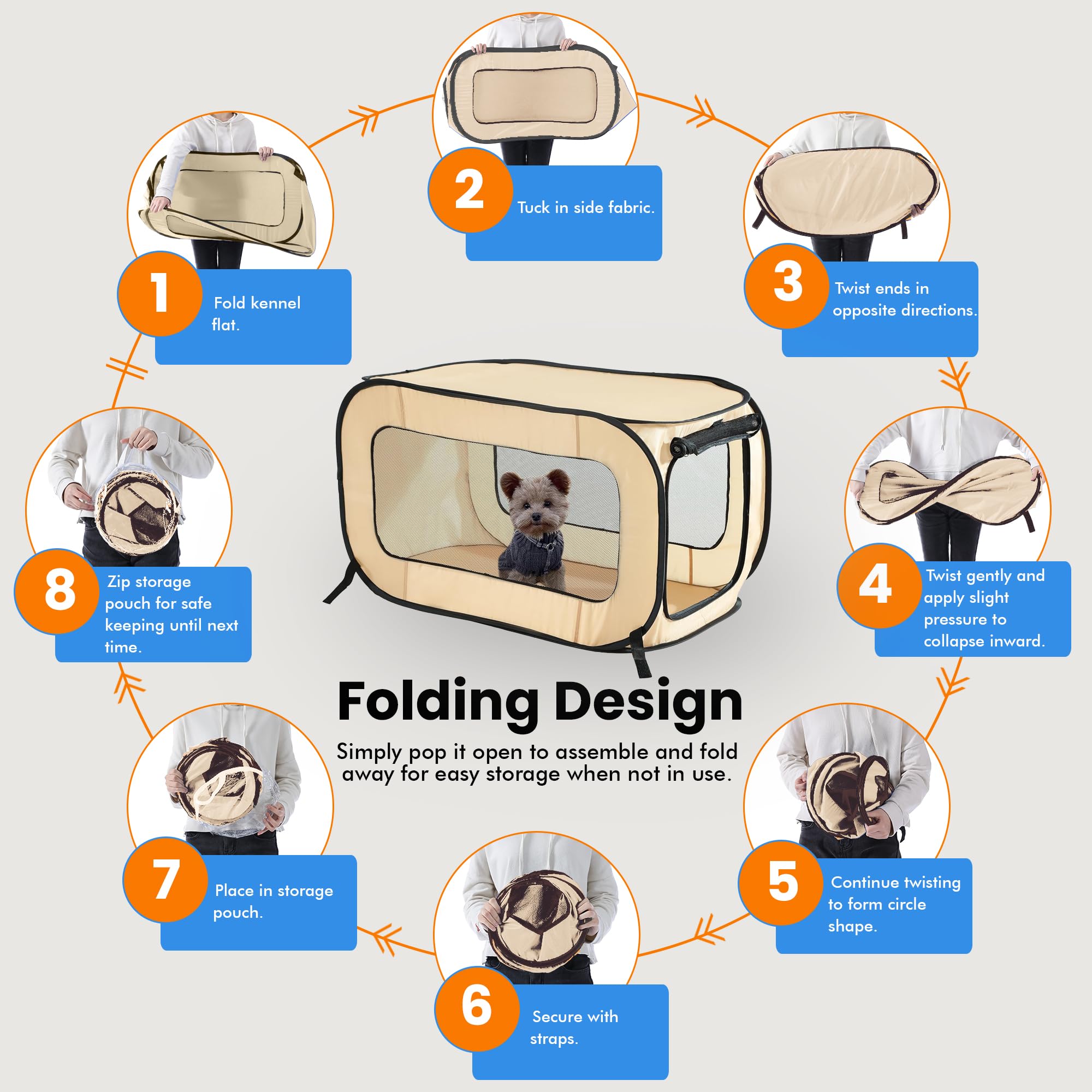 Portable Collapsible Pop Up Kennel, 36" L x 22" W x 22" H, Beige