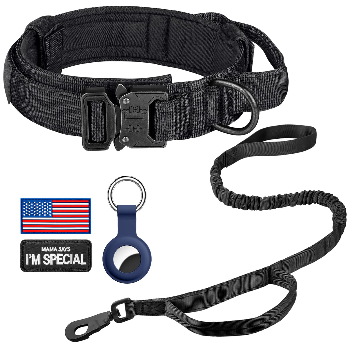 DAGANXI Tactical Dog Collar, Adjustable Military Training Nylon Dog Collar with Control Handle and Heavy Metal Buckle for Medium and Large Dogs, with Patches and Airtags Case (L, Pink)