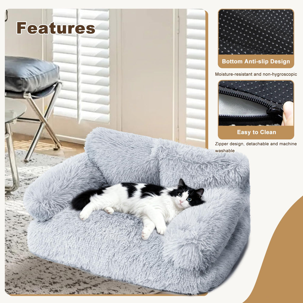 FURMORENE Large Cat Beds for Indoor Cats, Dog Couch Bed, Cute Cat Couch Sofas for Less 20lbs Kitten Puppy, Small Dog Sofas & Chairs with Removable Washable Cover, Warm Pet Furniture, Plush Light Grey