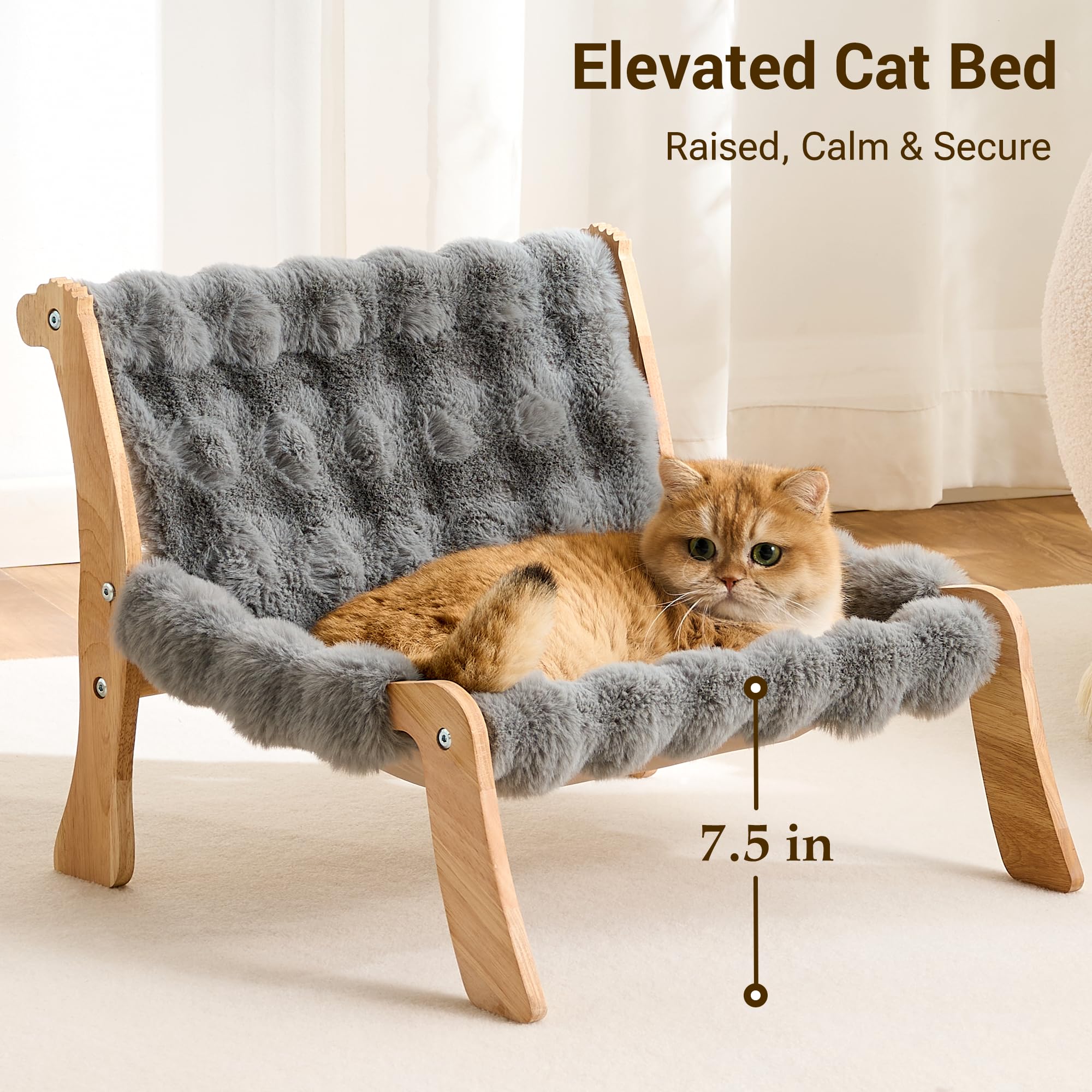 Kicari Solid Wood Cat Couch Bed for Indoor Cats, Modern Cat Sofa with Ultra-Soft Plush Surface Washable, Reclined Backrest, Elevated Plush Cat Lounge for Small to Adult Cats, Frost Gray