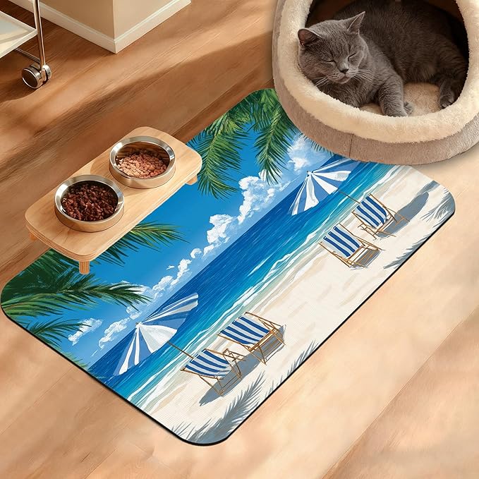 Dog Bowl Mat,Leaves Pet Feeding Mat for Floors Waterproof,Tropical Palm Absorbent Dogs Placemat for Food and Water Quick Dry Pet Cat Feeding Mats with Non Slip Bottom 12" x 20"