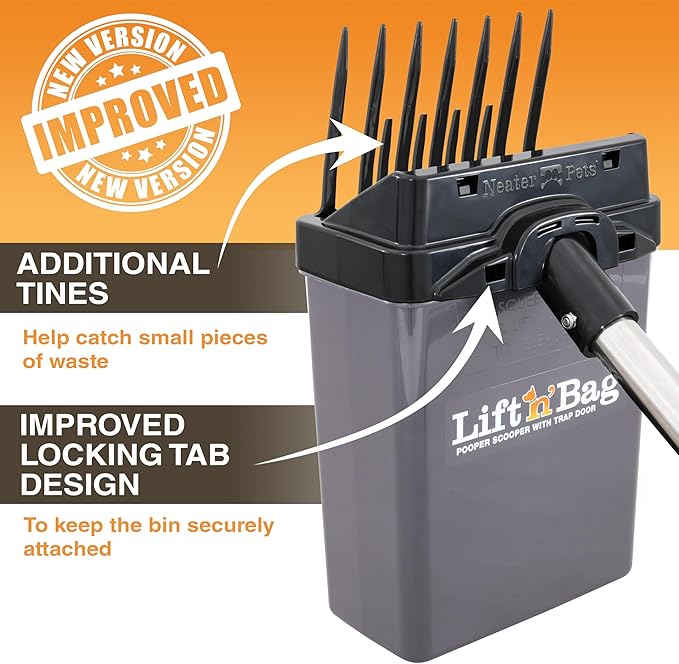Neater Pet Brands Lift N’ Bag 2.0 Dog Pooper Scooper with Bag Attachment & 22" Pole for Small to Large Dogs, New & Improved Design, 60 Refill Bags, Heavy Duty Dog Poop Scooper for Yard, One-Hand Use