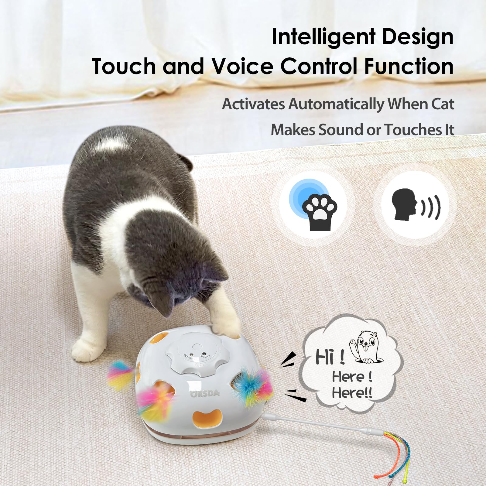ORSDA Cat Toys, 4 in 1 Interactive Cat Toys for Indoor Kitten, Automatic Electric Enrichment Hide and Seek, Chase the Feather, 8 Holes Mice Whack-A-Mole, Catch Magic Wand