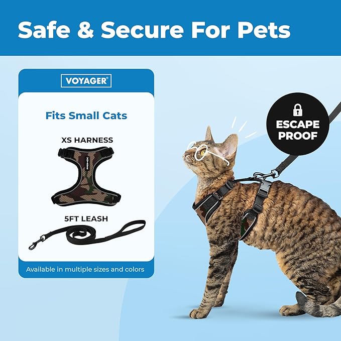 Voyager Escape-Proof Step-in Lock Cat Harness & 5ft Neoprene-Handle Leash Set All-Weather Mesh with Reflective Stitching for Small to Large Cats by Best Pet Supplies, Army (327), XS