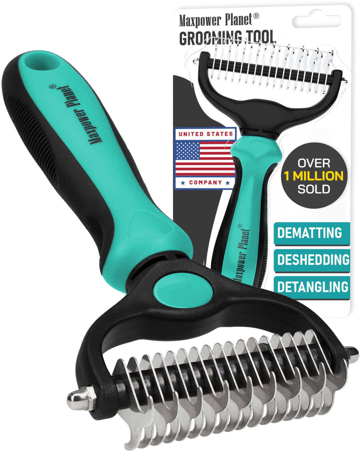 Maxpower Planet Pet Grooming Brush - Double Sided Dematting Undercoat Rake for Dogs and Cats, Extra Wide Pet Brush to Reduce Shedding by 95% (Blue, S)