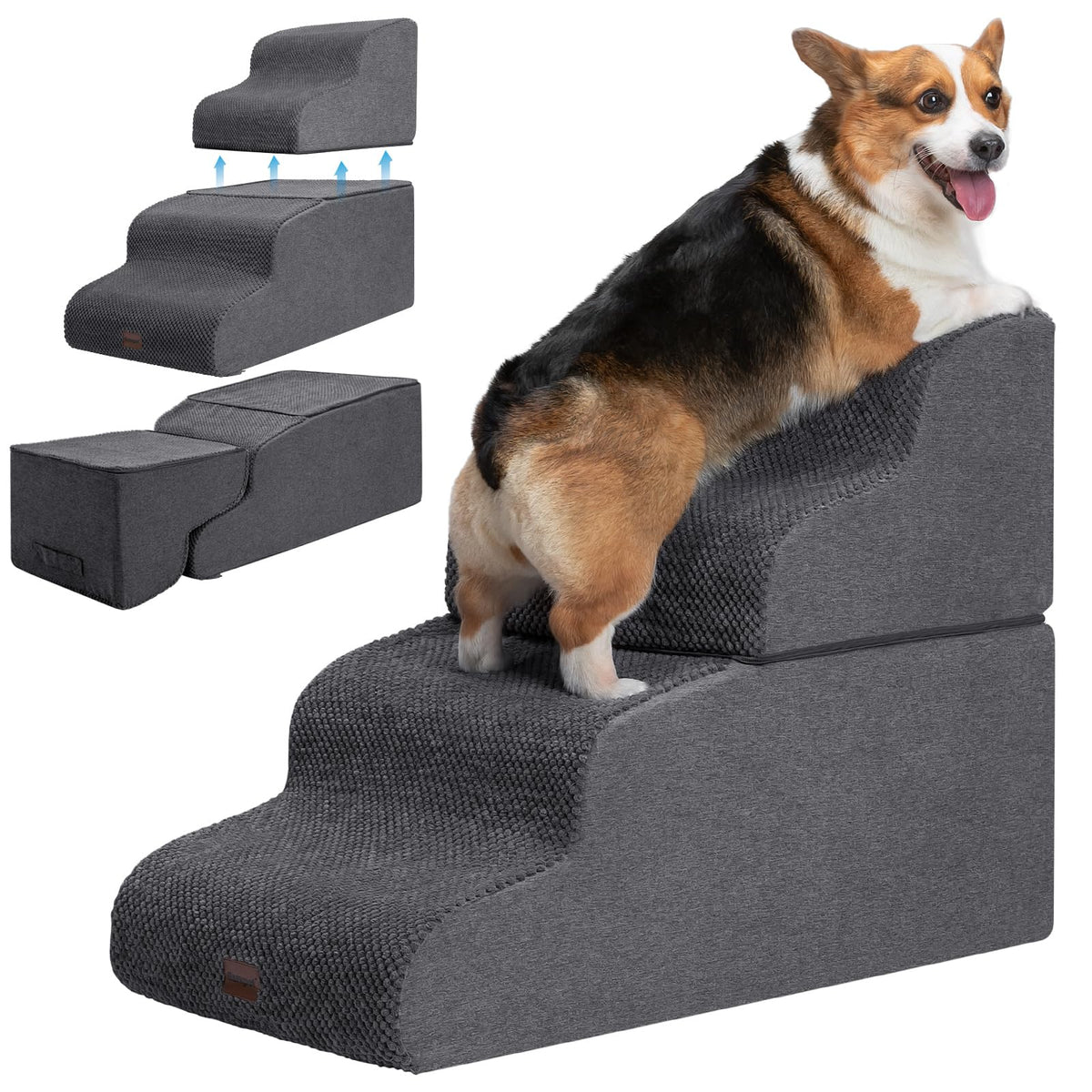 Garnpet Dog Stairs for High Beds, 4-Step Dog Steps for Small Dogs and Cats, Foldable Pet Stairs for High Bed Climbing, Non-Slip Balanced Pet Step Indoor, Light Grey