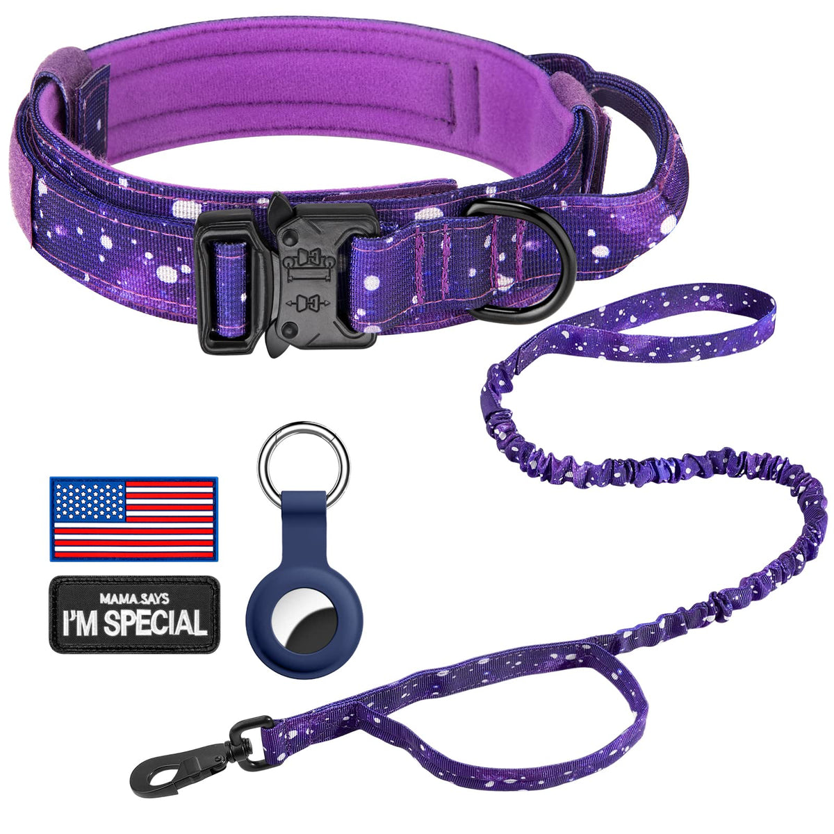 DAGANXI Tactical Dog Collar, Adjustable Military Training Nylon Dog Collar with Control Handle and Heavy Metal Buckle for Medium and Large Dogs, with Patches and Airtags Case (L, Pink)