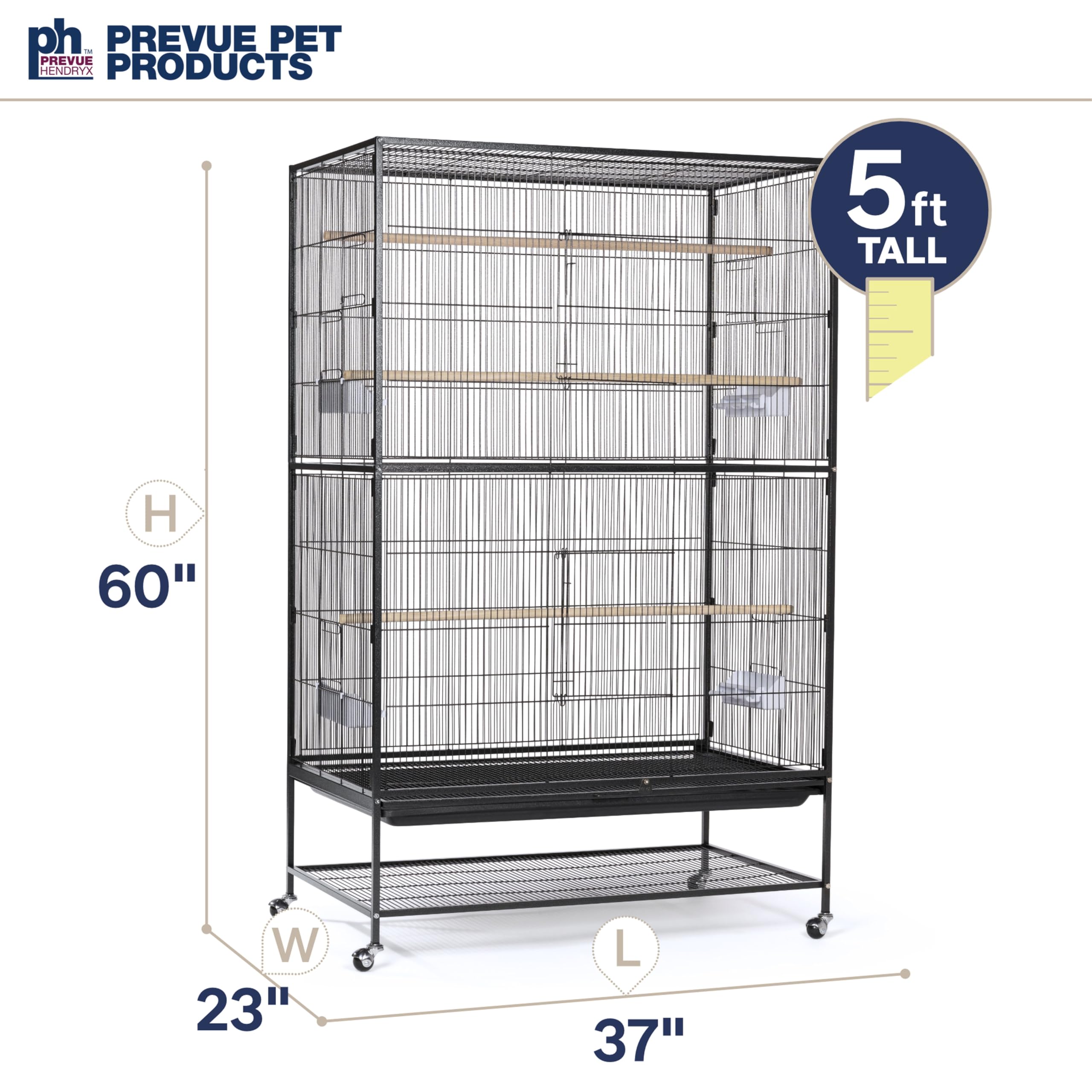 Prevue Hendryx Pet Products Wrought Iron Flight Cage - Big Rolling Bird Cage for Parakeets, Cockatiels, Conures, Lovebirds, Canaries, Finches, Parrotlets, & Caiques, 5 Ft - X-Large, Hammertone Black