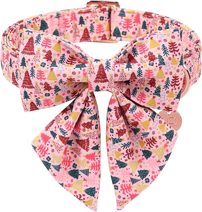 UP URARA PUP Christmas Dog Collar with Bow Tie, Pink Christmas Tree Collars for Dogs, Adjustable Pet Collar with Cute Xmas Tree Pendant, Winter Dog Accessories for Small Medium Large Dogs M