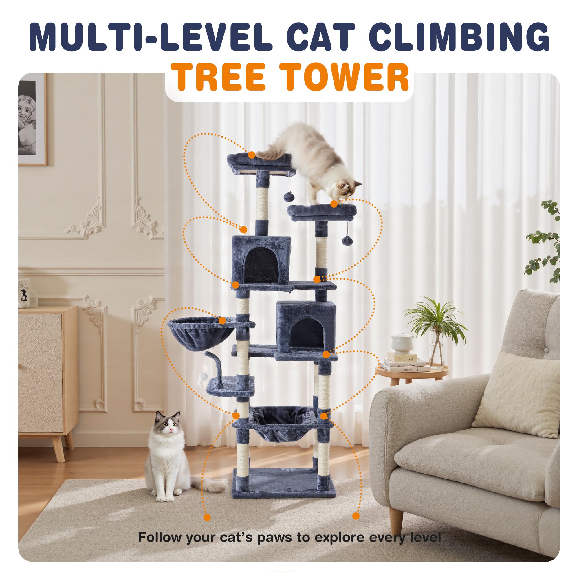 Aidoly 71 Inch Large Cat Tree Tower with Sisal Scratching Post