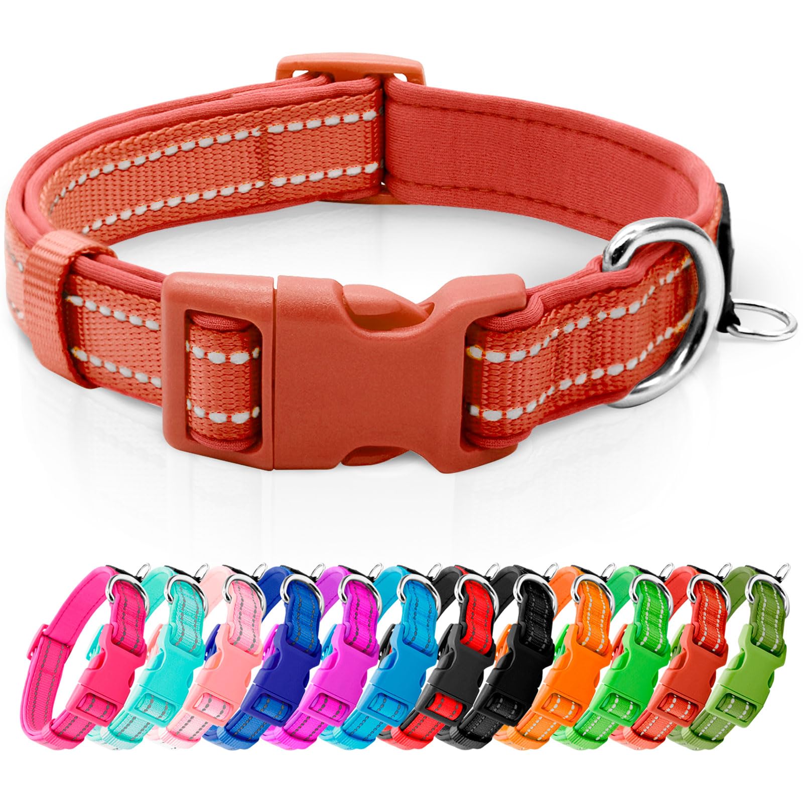 azuza Reflective Dog Collar, Soft Neoprene Padded Pet Collar with ID Tag Ring, Adjustable for Puppy and Small Dogs,Rust Red,XS