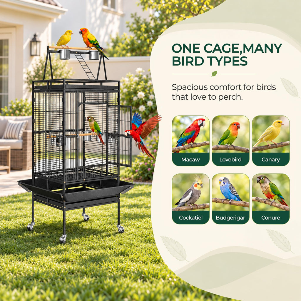 ZENY 68-Inch Birdcage, Playtop Parrot Cage, Wrought Iron Bird Cage with Rolling Stand, Heavy-Duty Pet Bird House for Parrot Cockatiel Cockatoo Parakeet Macaw Finches, Black