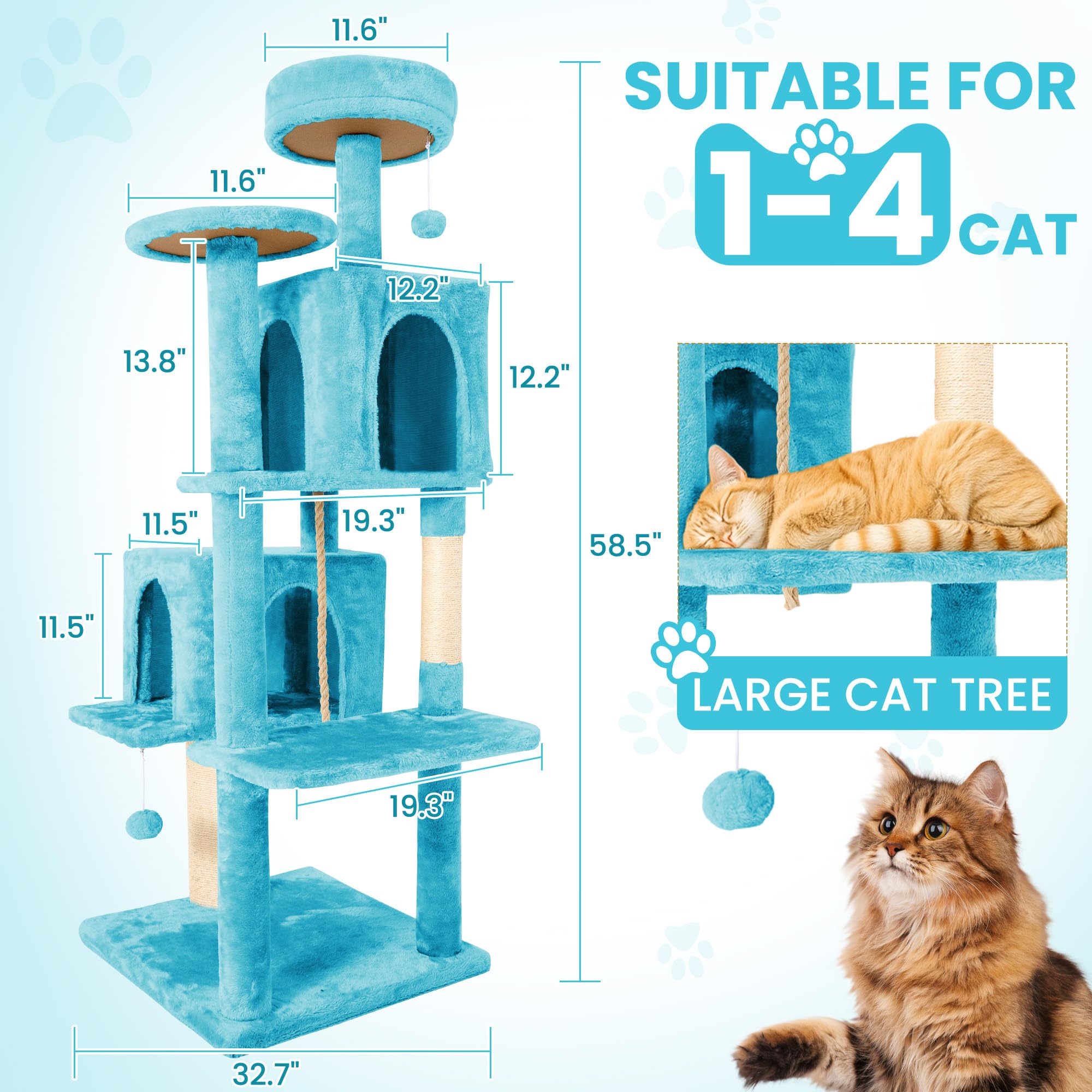 TSCOMON 58.5inch Large Cat Tree Tower Condo for Indoor Cats, Soft Plush Multi-Level Climbing Tree Cat House, Scratching Post, More Entrance/Exit, Sisal Rope, Peacock Blue