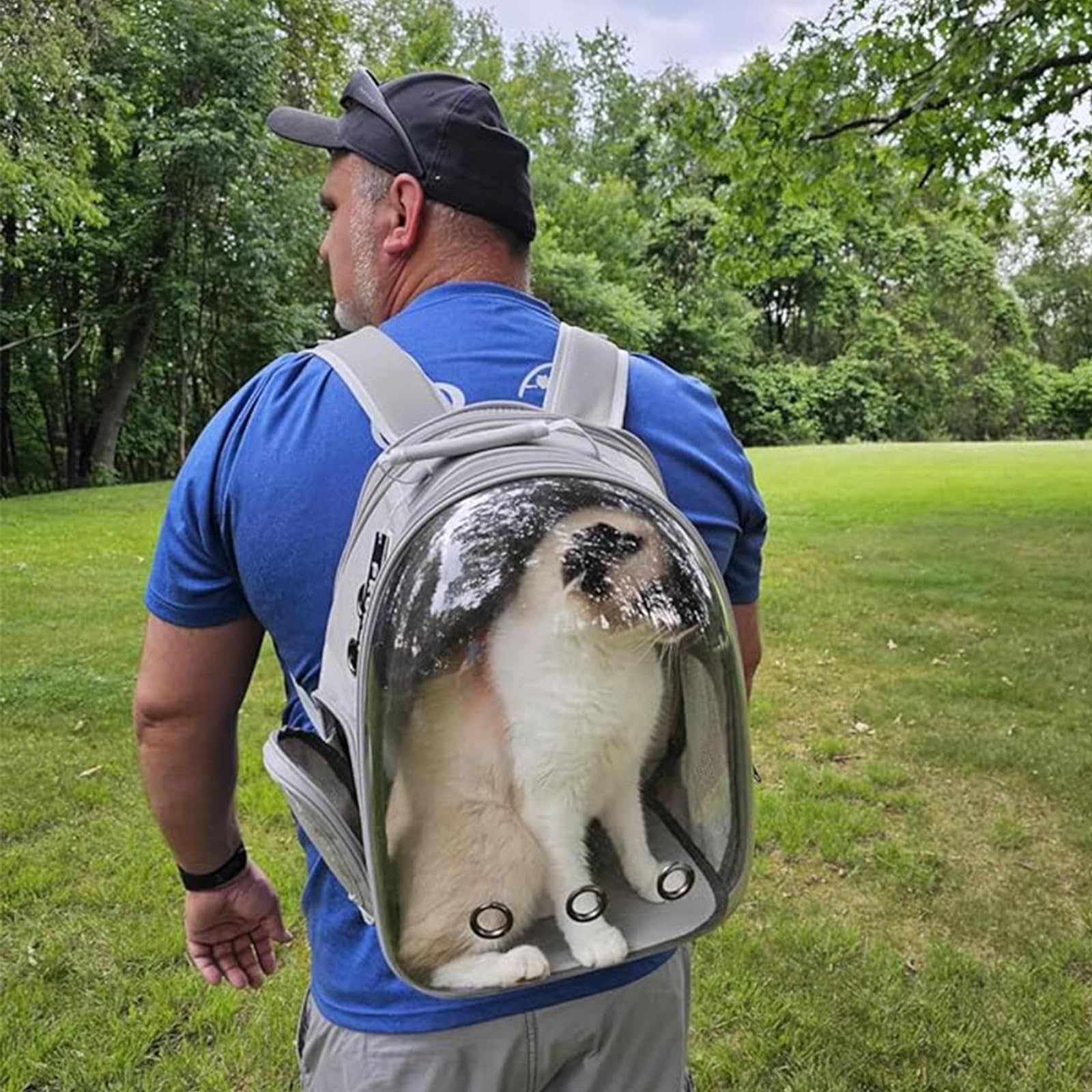 PETSWEET Cat Backpack Carrier, Back Expandable Pet Backpack with Bubble Window, Airline Approved Pet Travel Bag for Small/Medium Cats & Puppies, Hiking, Camping, Outdoor Use (Grey)