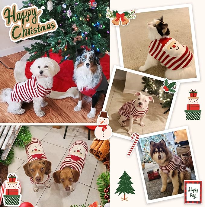 Dog Christmas Sweater Xmas Pet Clothes Cute Striped Santa Claus Costume Holiday Puppy Cat Jumpers Outfits New Year Gifts for Small Medium Large Dogs (M, Red White Stripe Santa Claus)