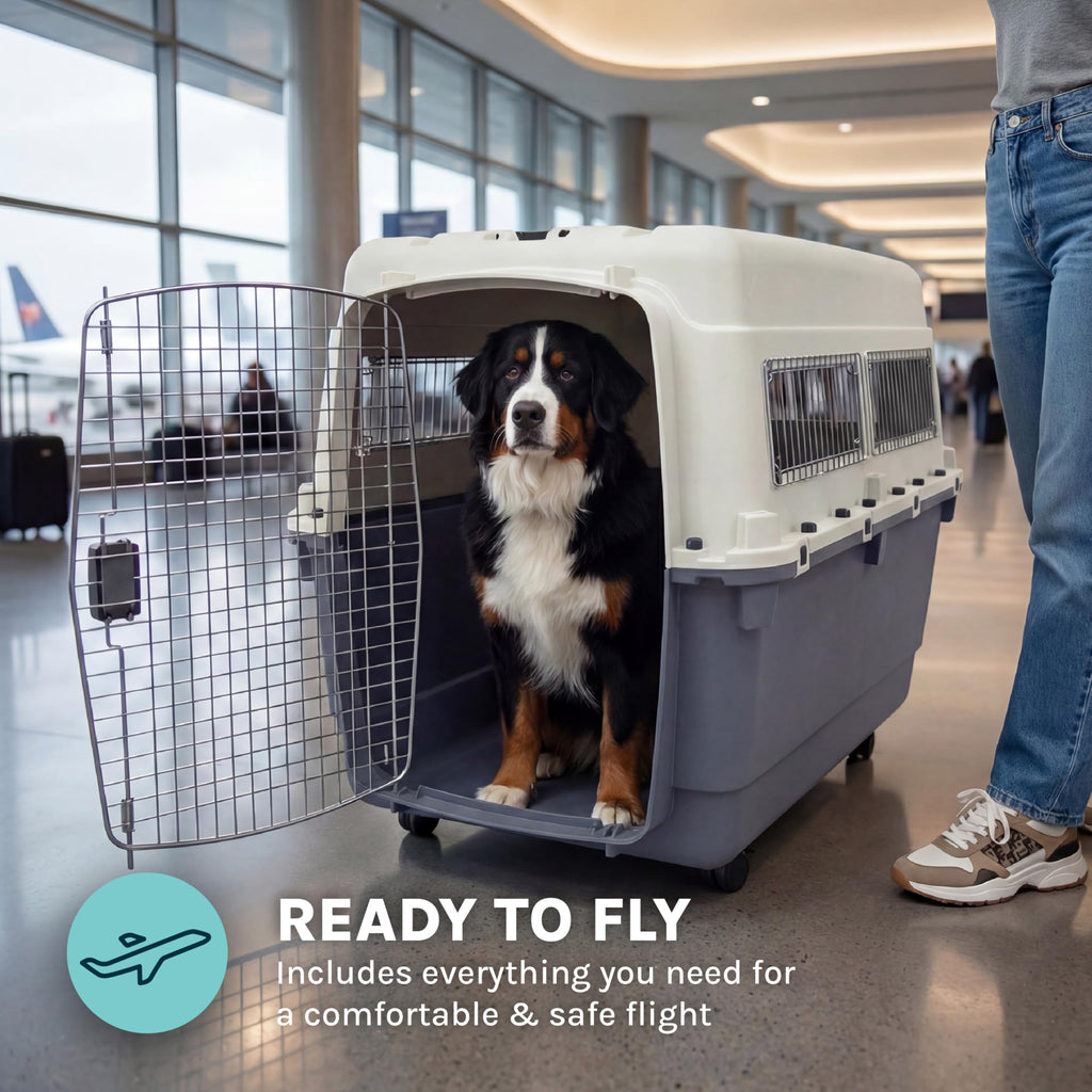 SportPet Airline Compliant XXX-LARGE 48" Travel Dog Kennel-Durable Plastic Airline Pet Carrier w/Removable Wheels & Food Bowls, Collapsible Indoor/Outdoor Dog Kennel, Dogs up to 44"L & 33"H-Cream/Gray