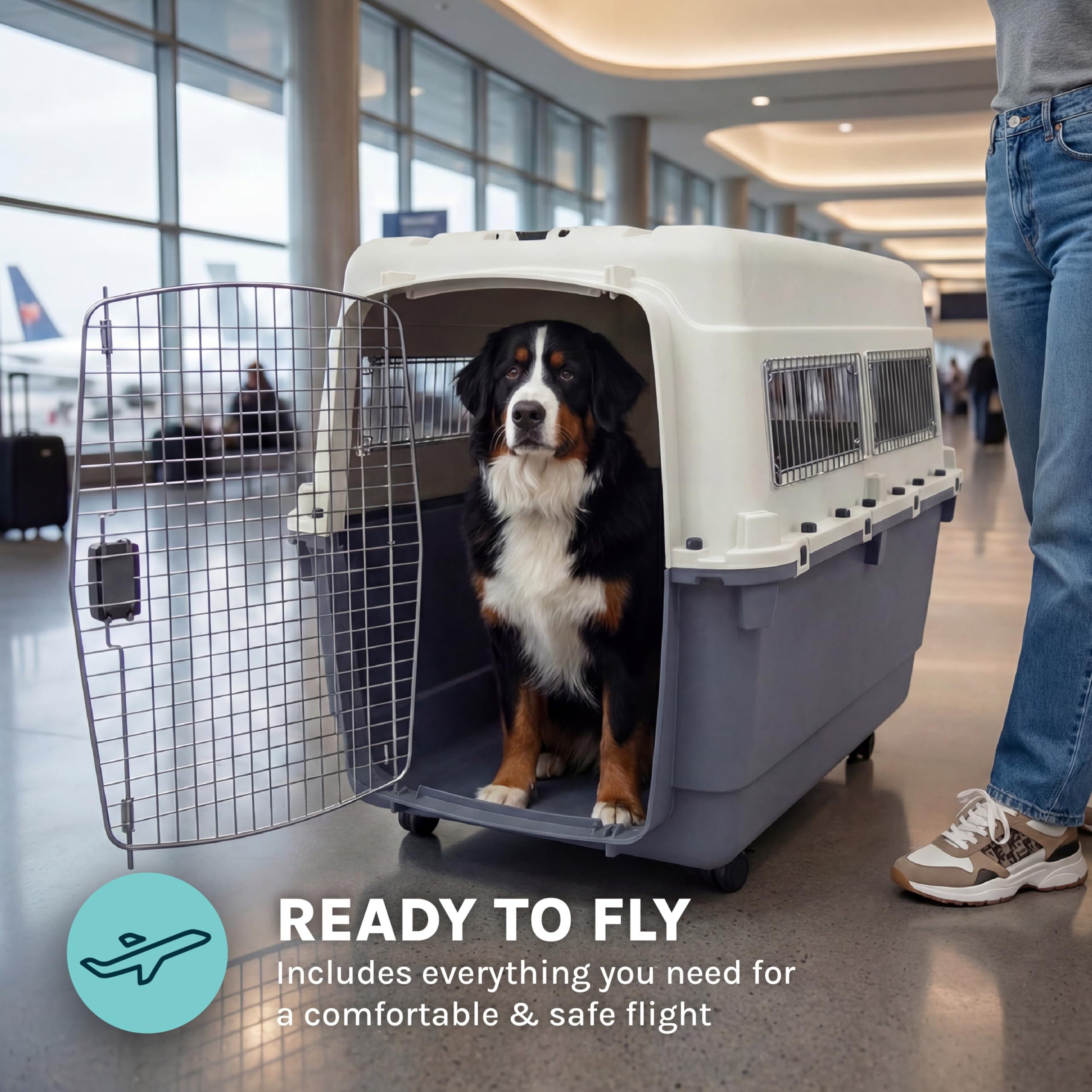 SportPet Airline Compliant XXX-LARGE 48" Travel Dog Kennel-Durable Plastic Airline Pet Carrier w/Removable Wheels & Food Bowls, Collapsible Indoor/Outdoor Dog Kennel, Dogs up to 44"L & 33"H-Cream/Gray