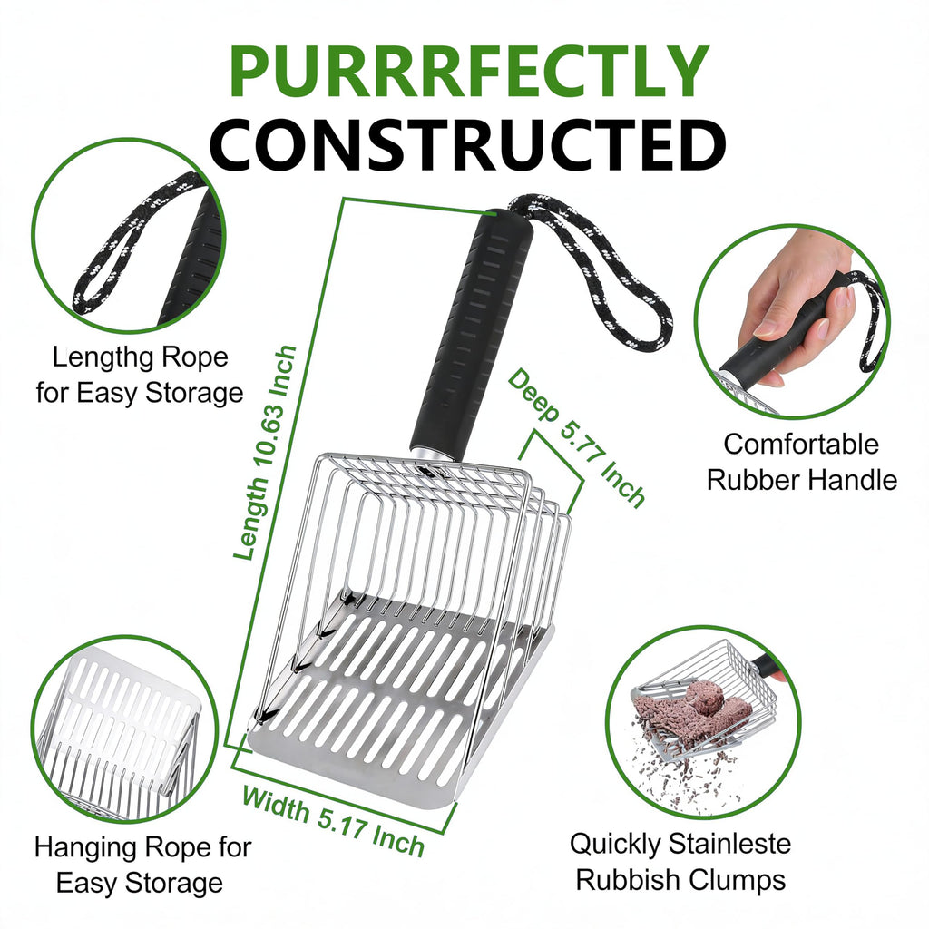 [2026 Version] 304 Stainless Steel Cat Litter Scooper with Holder, Efficient Metal Cat Litter Scoop，Heavy Cat pooper scooper, Kitty Litter Box Scooper-Perfect Cat Scooper for Litter Box Cleaning