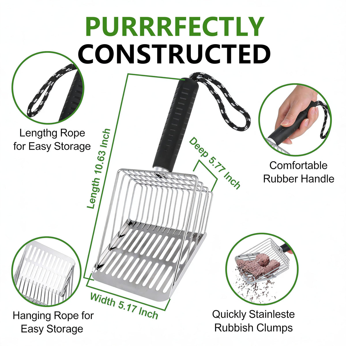 [2026 Version] 304 Stainless Steel Cat Litter Scooper with Holder, Efficient Metal Cat Litter Scoop，Heavy Cat pooper scooper, Kitty Litter Box Scooper-Perfect Cat Scooper for Litter Box Cleaning