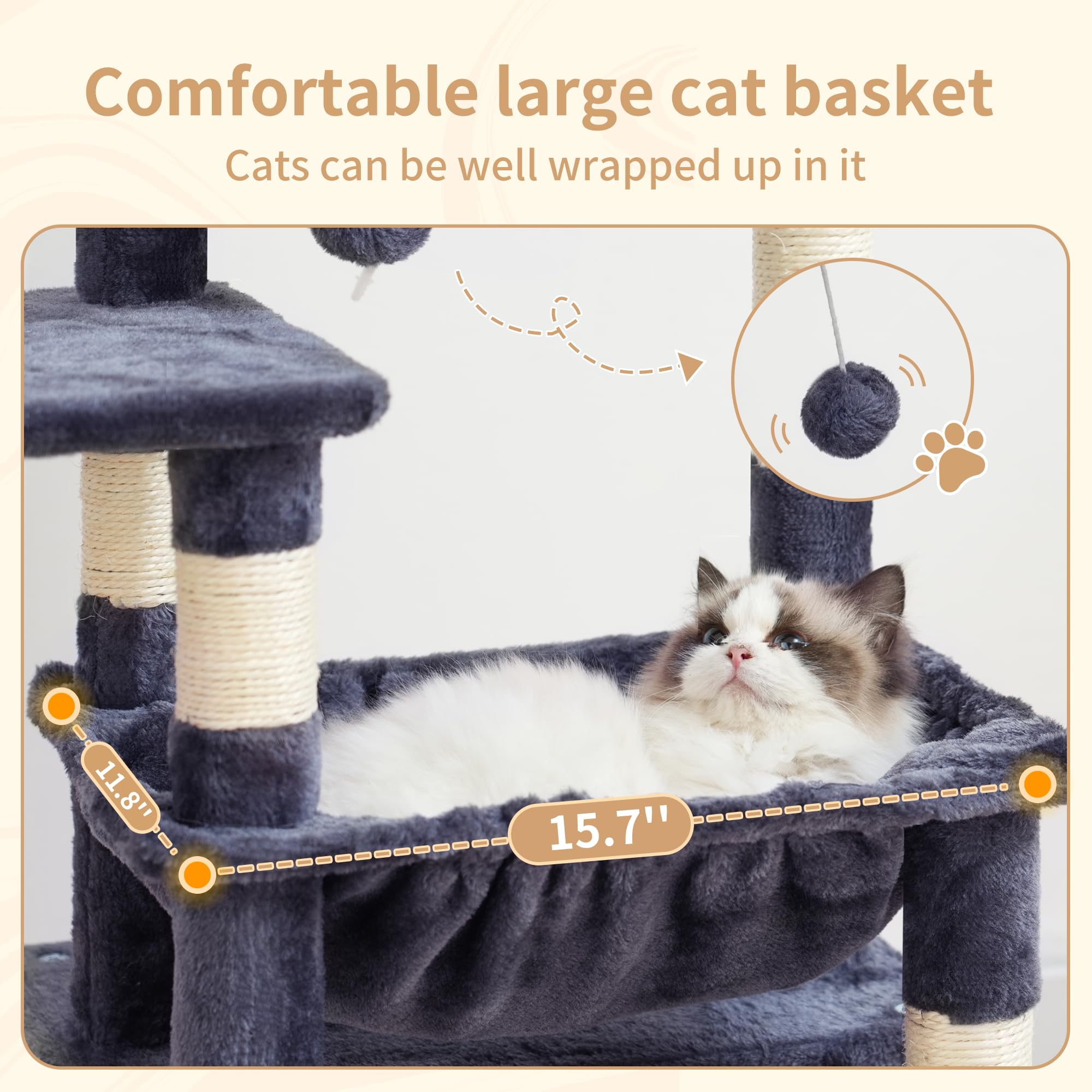 Heybly Cat Tree, Kitten Tower with Large Soft Cat Basket HCT008SG