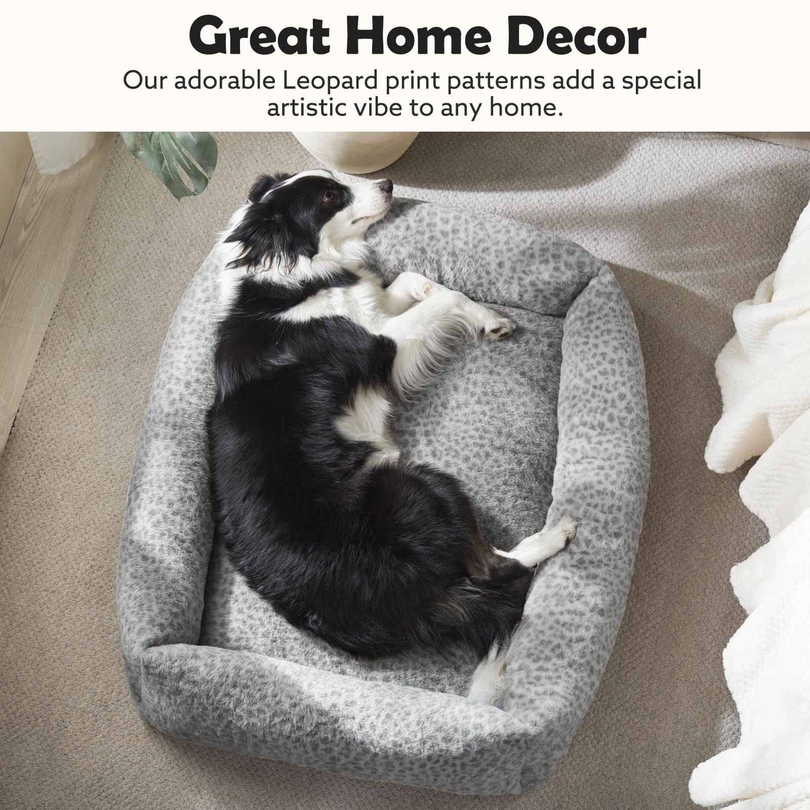 JOEJOY XL Dog Beds Large Sized Dog, Removable Washable Cover Orthopedic Soft Faux Rabbit Fur Pet Bed, Anti-Slip Fluffy Plush Faux Rabbit Fur Puppy Bed, 42"x36"x9", Leopard Print, Grey