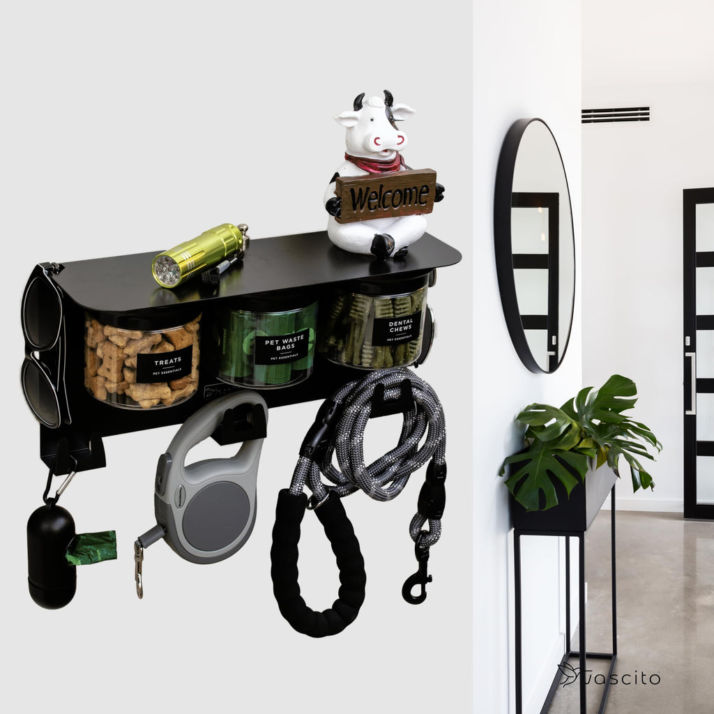 Vascito Dog Treat Holder For Wall Storage For Pets, Premium Pet Wall Organizer, Includes Three 16oz Airtight Dog Treat Jars, 3 Sets of Triple Hooks, Sturdy Shelf in Modern Black