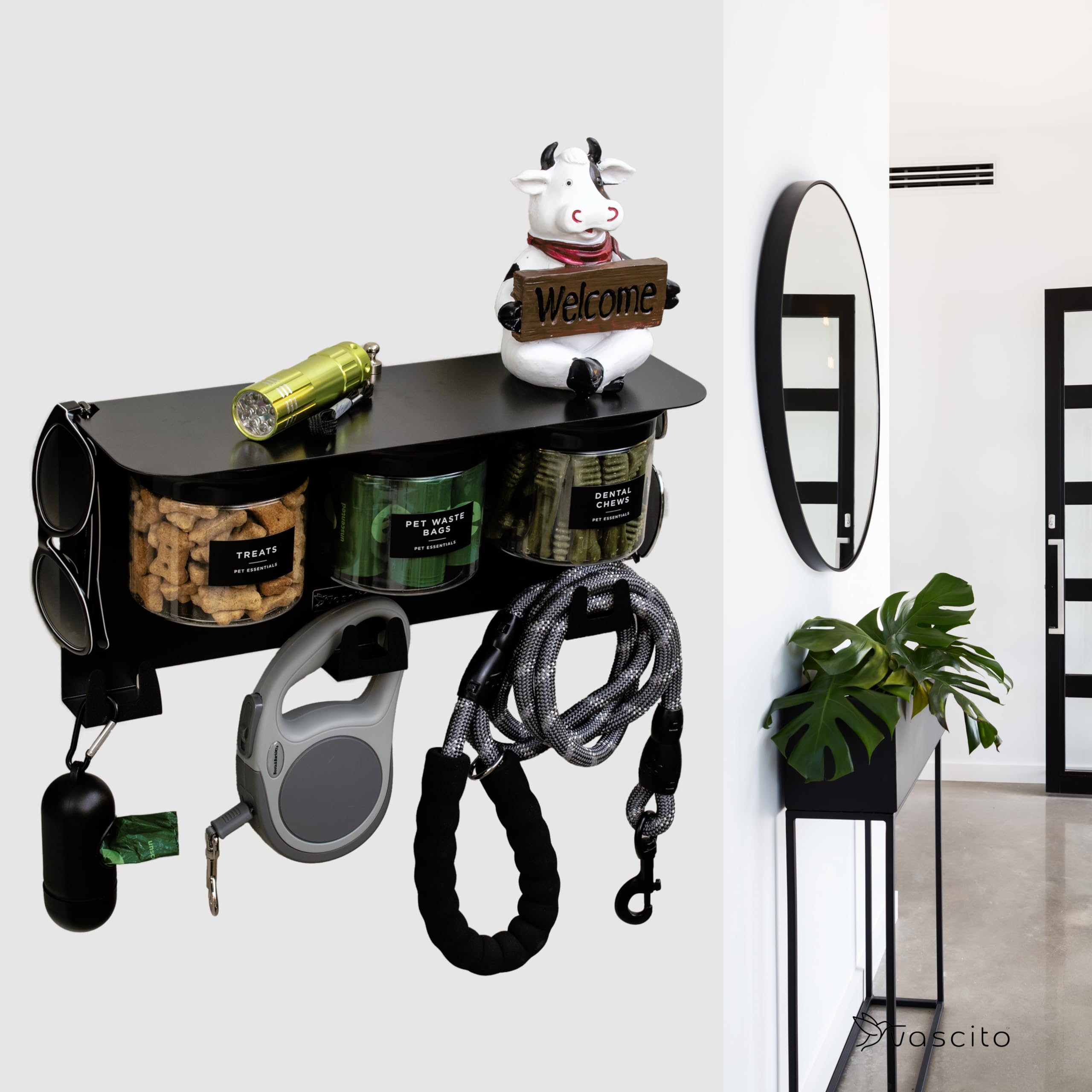 Vascito Dog Treat Holder For Wall Storage For Pets, Premium Pet Wall Organizer, Includes Three 16oz Airtight Dog Treat Jars, 3 Sets of Triple Hooks, Sturdy Shelf in Modern Black